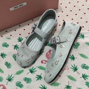 Miu Miu Pale Blue Jeweled Mary Jane Flats